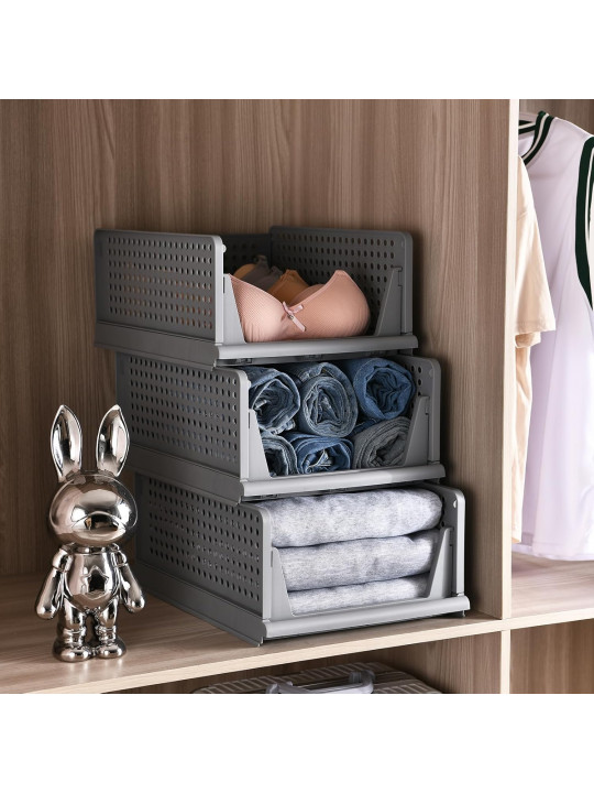 RMAN 4 Stck Stapelbaren Faltbaren Kleiderschrank Aufbewahrungsboxen Schrank  Organizer Schubladen Plastik Lagerkisten fr Zuhause Schlafzimmer Kche  (Grau)